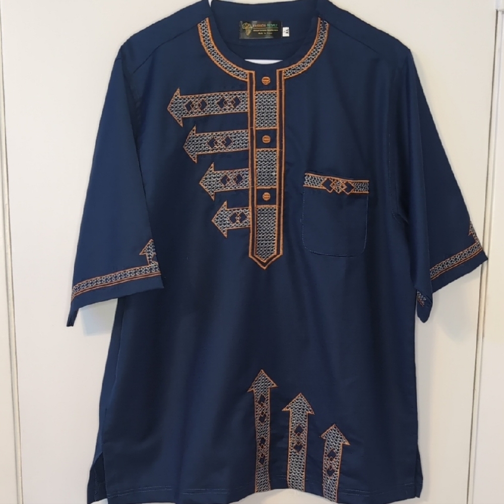 Stylish Navy Blue Men's Shirt with Geometric Details